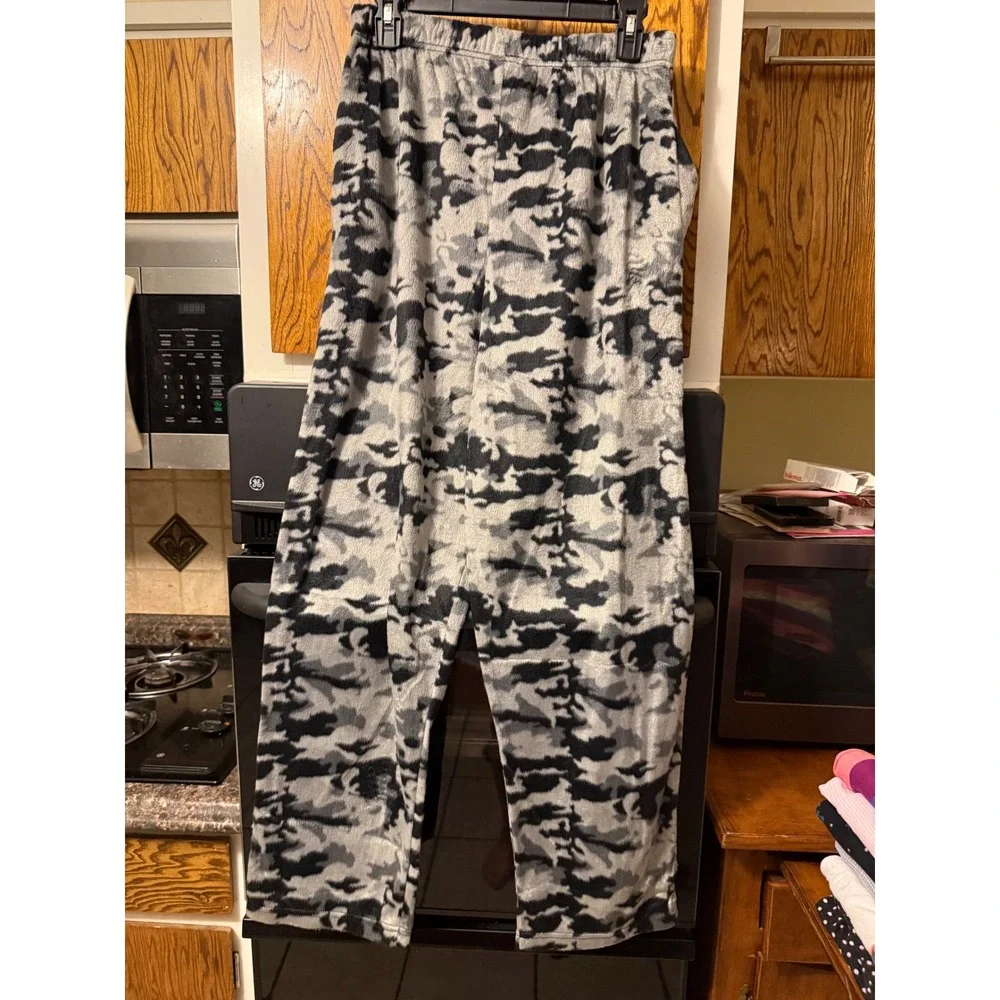 Open Trails Mens Fleece Pajama Pants Grey Black Camo Lounge Sleepwear Size M‎